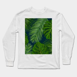 Monstera and Palm Tropical Leaves on Midnight Blue Long Sleeve T-Shirt
